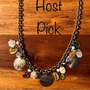 Necklace with Bronze Chain and Mother of Pearl, Gold, and Teal Stones 21” Long